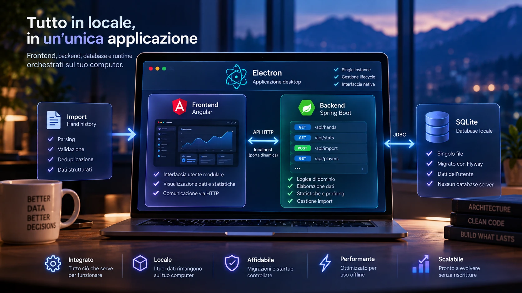 Componenti del runtime desktop locale con Electron, frontend, backend, runtime Java e dati utente persistenti.